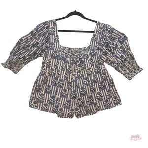 🍋 Ophelia & Indigo Lemon Stripe Smocked Puff Sleeve Top | XXL